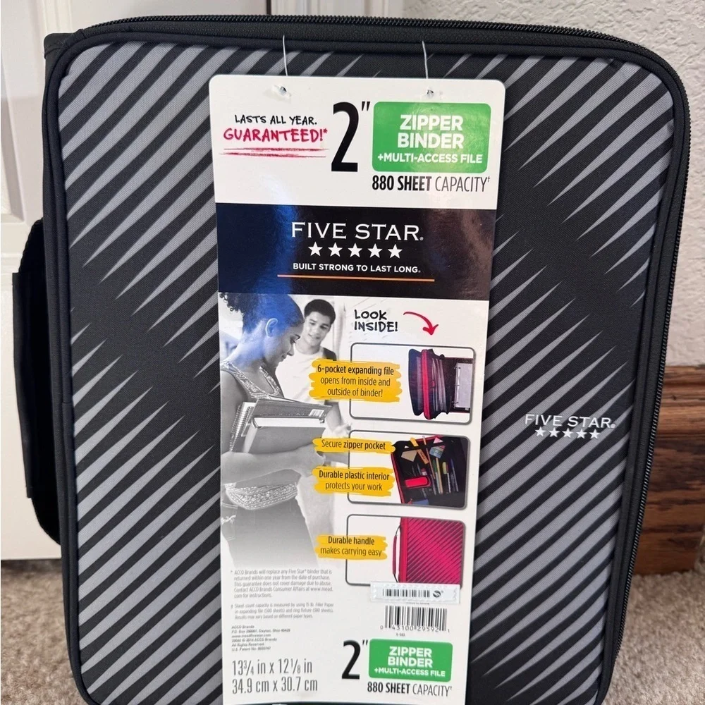 Five Star Zipper Binder, 2 Inch 3-Ring Binder 2 Black & Gray Stripes
